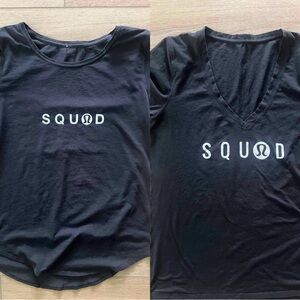 2 lululemon Black Love T-Shirts “Squad” (crew neck & v-neck) size 10